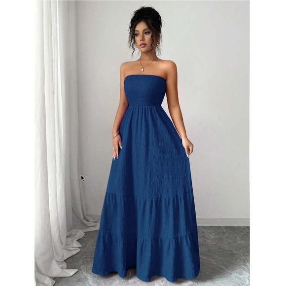 Strapless Maxi Dress Long Blue Shirred Top Flared - Picture 2 of 8